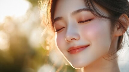 Fototapeta premium A candid close-up of a sweet Asian woman with delicate makeup and glowing skin, her soft blush and pastel eyeshadow creating a gentle, serene vibe as she smiles in soft sunlight