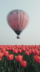 summer landscape with tulip flower field and hot air balloon.