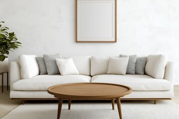Fototapeta premium Modern living room interior design. White sofa and round wooden coffee table. Light neutral wall. Empty poster frame. Scandinavian style home decor. Cozy home atmosphere. Interior design concept.