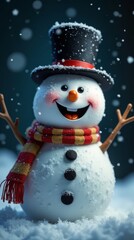 Cheerful snowman with a top hat and scarf in winter.