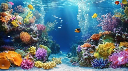 Naklejka premium Vibrant Coral Reef Scene With Colorful Fish And Marine Life