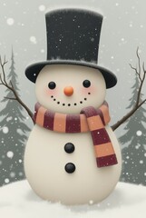 Snowman with a decorative hat and scarf in a winter landscape with copy space.