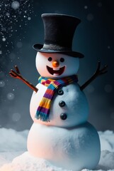 Snowman with Top Hat and Scarf in Winter.