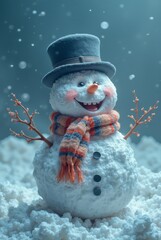 A cheerful snowman with a top hat and scarf in a winter wonderland.