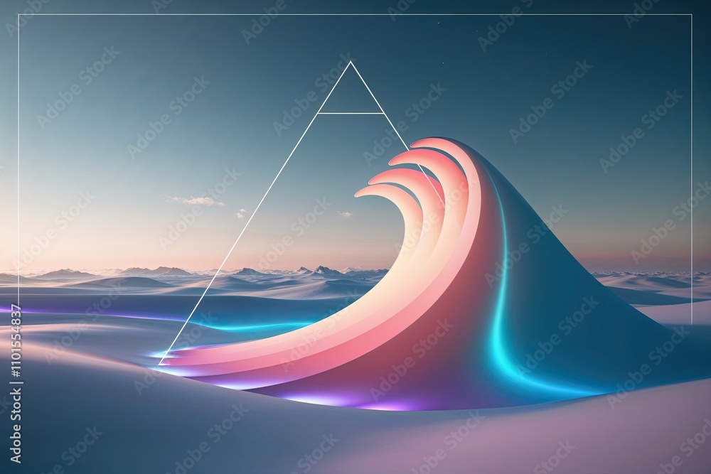Poster three-dimensional wave shape radiating soft colorful glows in a surreal sky with blank pyramidal fra