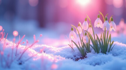 Snowdrops blooming in the snow with a winter sunrise.
