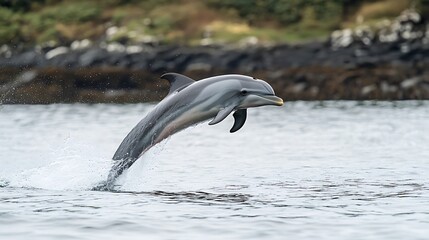 Obraz premium A dolphin leaping out of the water with a graceful arc, Perfect for ocean conservation or travel brands
