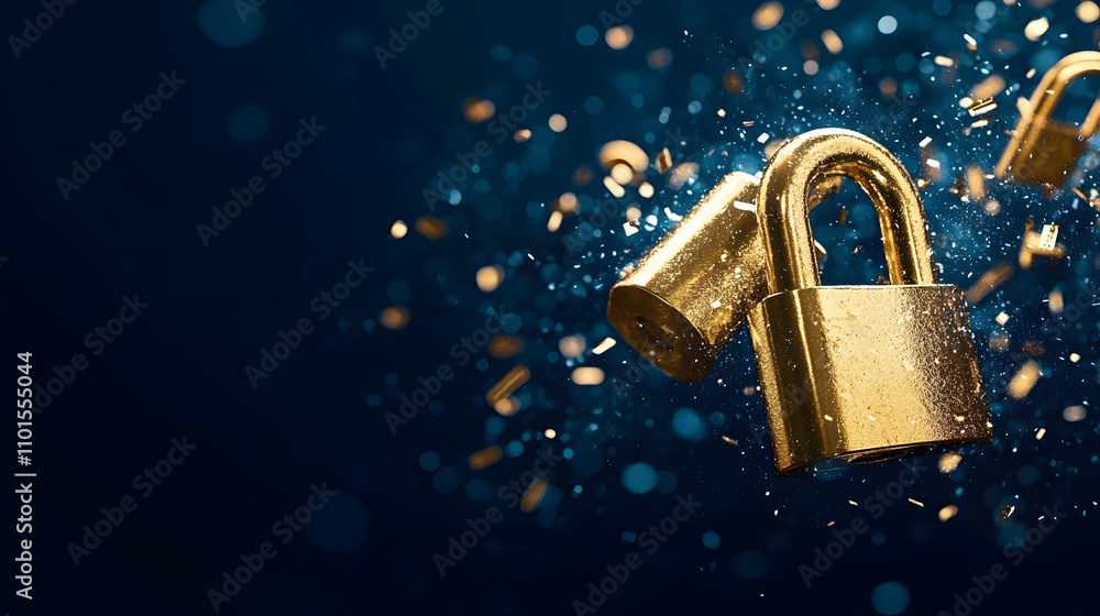 Poster a visually striking image of golden locks against a sparkling blue background, symbolizing security 
