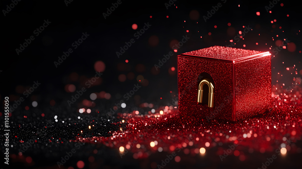 Poster A shimmering red box with a golden lock sparkles against a dark background, surrounded by a cascade of glittering particles