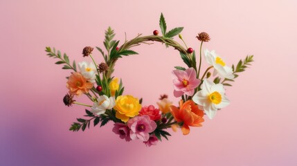 flower wreath with copy space on pink background.