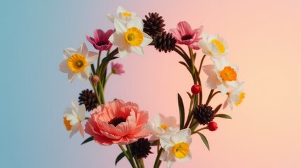 Floral wreath with daffodils and pine cones on a pastel gradient background.