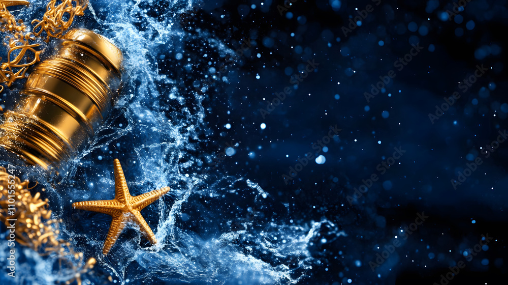 Poster An artistic composition featuring a golden object splashing in water with a starfish, creating a dynamic and vibrant underwater scene