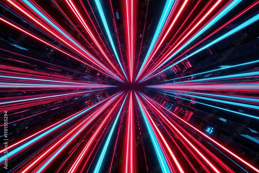 Poster vibrant three-dimensional space vista with striking red and cyan neon trails and dynamic reflections