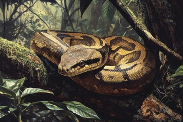 Large snake coiled on mossy branch, jungle setting.
