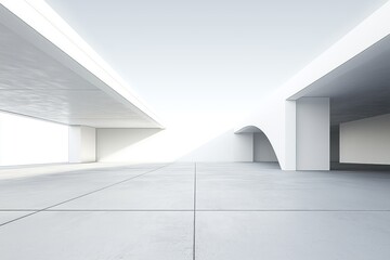 Obraz premium Empty white minimal architecture building with concrete floor. Wide space for mockups. Modern design. Future garage business concept. Stylish, elegant building. Modern, contemporary structure.