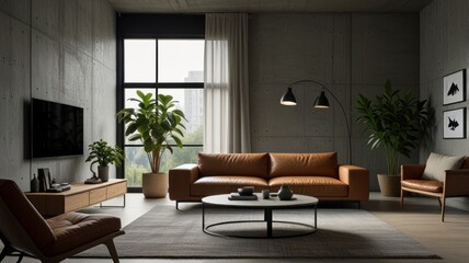 Fototapeta premium Here's a description and keywords suitable for a stock photo site.. Modern living room with leather sofa, large window, and concrete walls.