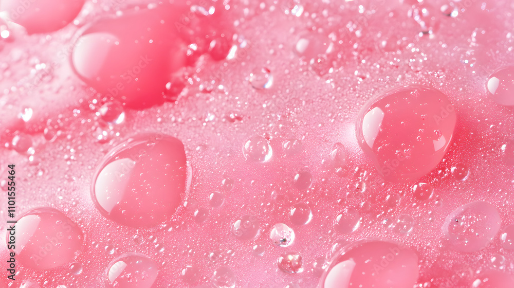 Poster A close-up image of pink droplets on a smooth surface, showcasing a refreshing and vibrant aesthetic