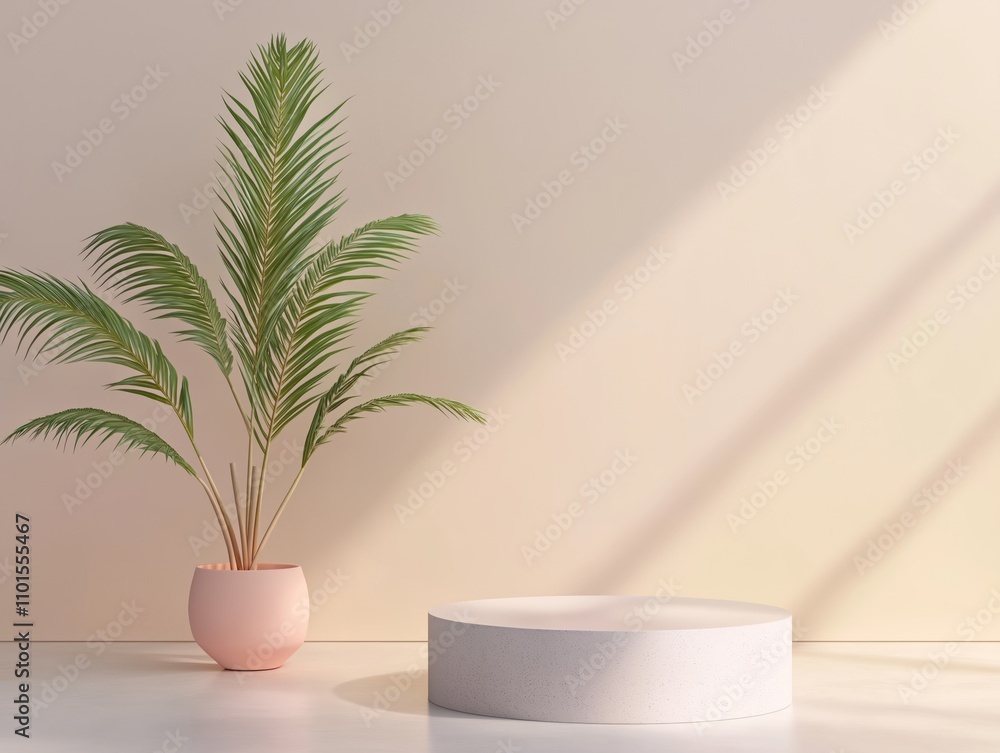 Poster minimalist display podium with summer background. empty pedestal for product presentation. palm tree