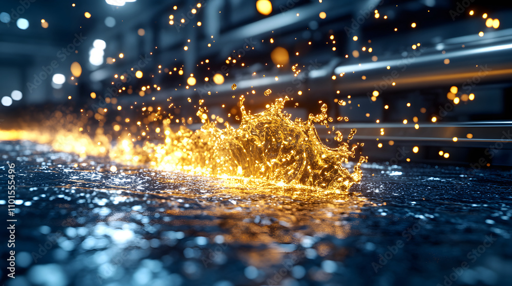 Poster A vibrant display of golden sparks over a wet surface, creating a dazzling effect reminiscent of fire or energy in a dynamic environment