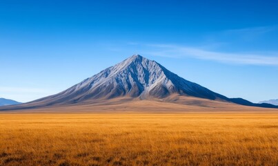 Majestic mountain stands alone under a vast clear blue sky in remote wilderness, featuring blues and earthy tones 