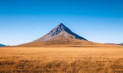 Fototapeta premium Majestic mountain stands alone under a vast clear blue sky in remote wilderness, featuring blues and earthy tones 