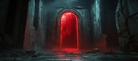 Door to the hell with red light effect. Generative AI technology.	
