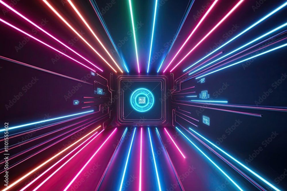 Poster three-dimensional abstract neon background with colorful glowing lines and futuristic digital data t