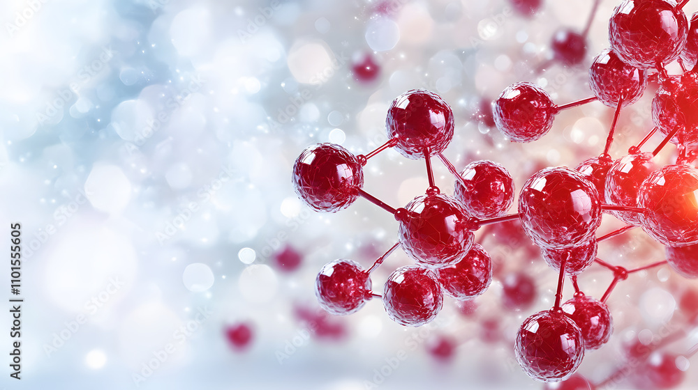 Poster An abstract representation of molecular structures with red spheres, set against a soft, blurred background, creating a scientific and modern aesthetic