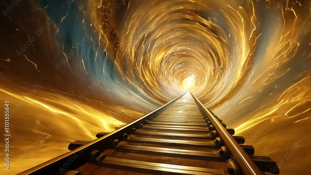 Poster a train track extends into a mesmerizing portal of light, illuminated by golden hues and swirling cl