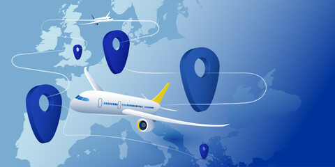 Fototapeta premium Passenger plane fly around EU Europe map point geolocation, tracking to different countries. Concept tourism, flight delivery, civil aviation, travel in Europe