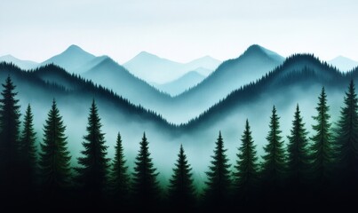 Obraz premium Misty mountain landscape with lush evergreens in calming green tones, featuring blues and subtle grays 