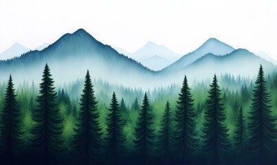 Fototapeta premium Misty mountain landscape with lush evergreens in calming green tones, featuring blues and subtle grays 