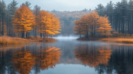 Serene autumn landscape with vibrant orange trees reflecting in calm water.