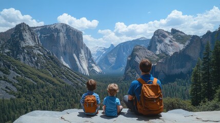 Two children and an adult admire a scenic mountain view on a sunny day.