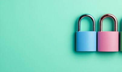 Fototapeta premium Neon padlocks in pink, blue, and green on a vibrant background symbolize security and protection 