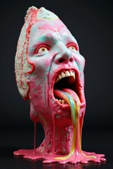 Surreal sculpture of a melting candy monster with vibrant colors.