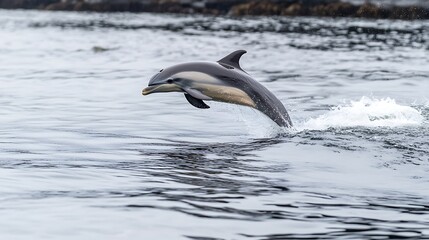 Fototapeta premium A dolphin leaping out of the water with a graceful arc, Perfect for ocean conservation or travel brands