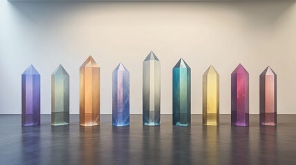 Stunning Array of Colorful Gem Crystals Displayed on Floor Against a Minimalistic Background in a Bright Gallery Space with Ambient Lighting