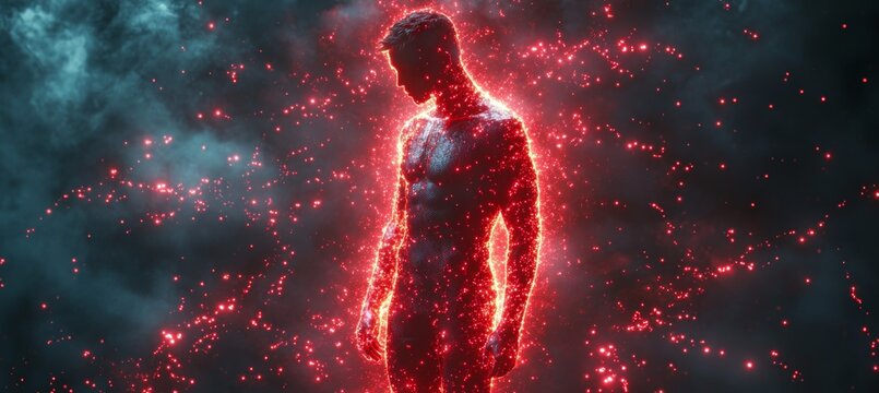 Human figure with glowing red chakra aura. Religion spiritual wisdom. Generative AI technology.	
