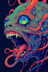 Surreal monster illustration in bright vibrant colors.