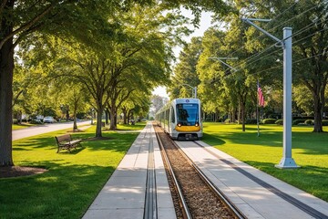 Fototapeta premium Vibrant Suburban Parks with Light Rail on a Sunny Afternoon: Exploring Nature and Urban Transportation