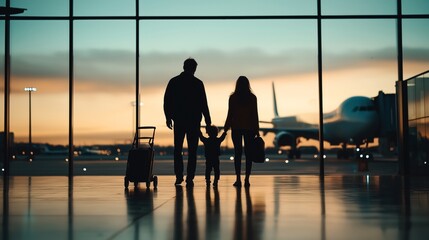 Silhouetted family with luggage standing in airport terminal at sunset, looking at airplane outside window
