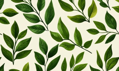 Seamless pattern of green leaves with rich textures on beige background; green, beige, and olive 