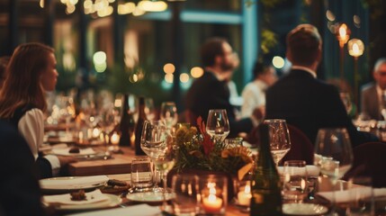 An elegant photo of a business dinner event in a high-end restaurant, with executives in formal attire, beautifully set tables