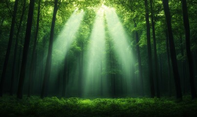 Fototapeta premium Serene forest with sunlight filtering through trees, misty atmosphere, lush greenery; colors: green, gold 