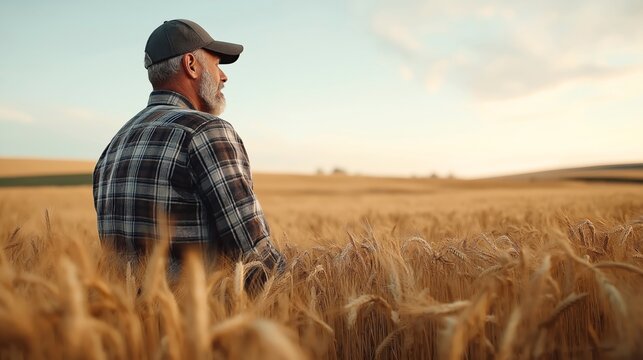 Elderly man in a plaid shirt and cap standing in a golden wheat field at sunset, looking over the horizon with a serene expression, highlighting agriculture and rural lifestyle.