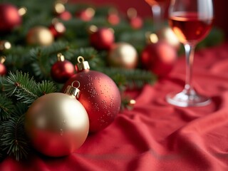 Festive red and gold ornaments on a Christmas table with a glass of wine among evergreen decorations