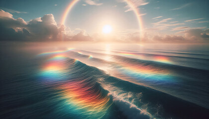Early morning sunlight hitting the ocean horizon, with soft rainbow aberrations spreading over the water surface, creating a dreamy, natural seascape glow.