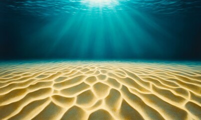 Underwater scene of sunlit sandy ocean floor with rippling patterns; serene aqua and golden hues 