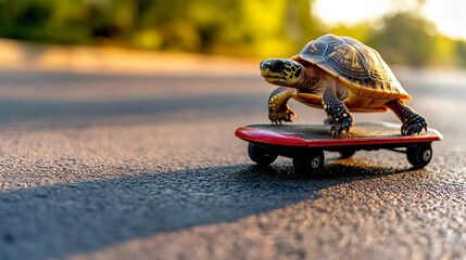 A playful turtle skating confidently on a skateboard, showcasing a whimsical scene filled with vibrant outdoor colors and soft sunlight.